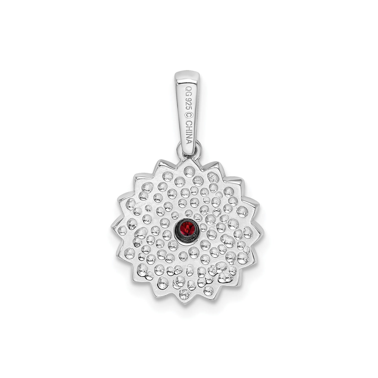 Sterling Silver Daisy Pendant with Garnet Center and White Enamel Flower Design