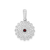 Sterling Silver Daisy Pendant with Garnet Center and White Enamel Flower Design