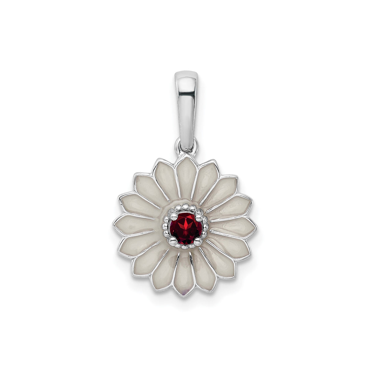 Sterling Silver Daisy Pendant with Garnet Center and White Enamel Flower Design