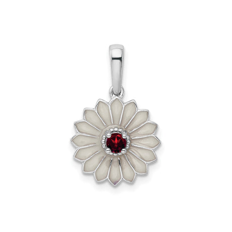 Sterling Silver Daisy Pendant with Garnet Center and White Enamel Flower Design