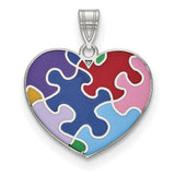 Sterling Silver Heart Pendant with Colorful Enamel Puzzle Pieces, Autism Awareness Theme