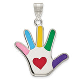 Sterling Silver Hand-Shaped Pendant with Colorful Enamel and Red Heart Center