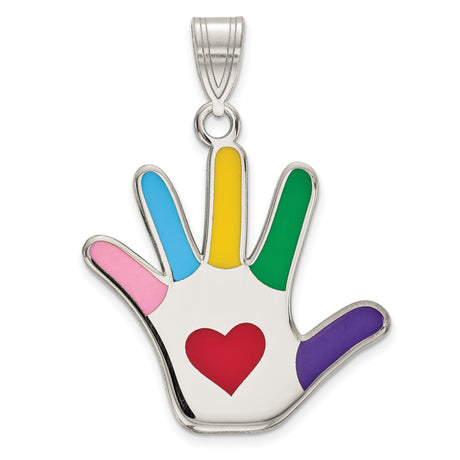 Sterling Silver Hand-Shaped Pendant with Colorful Enamel and Red Heart Center