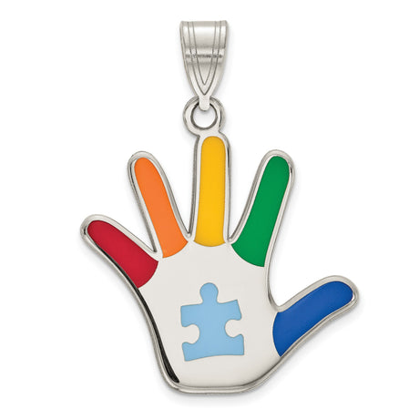 Multi Color Autism Hand Print With Puzzle Piece Charm Pendant in Real 925 Sterling Silver