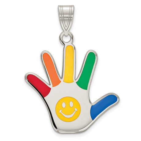 Sterling Silver Hand Pendant with Rainbow Enamel Fingers and Smiley Face Charm