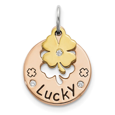 Sterling Silver Clover Pendant with Gold Tone Four Leaf Charm, Cubic Zirconia Accents