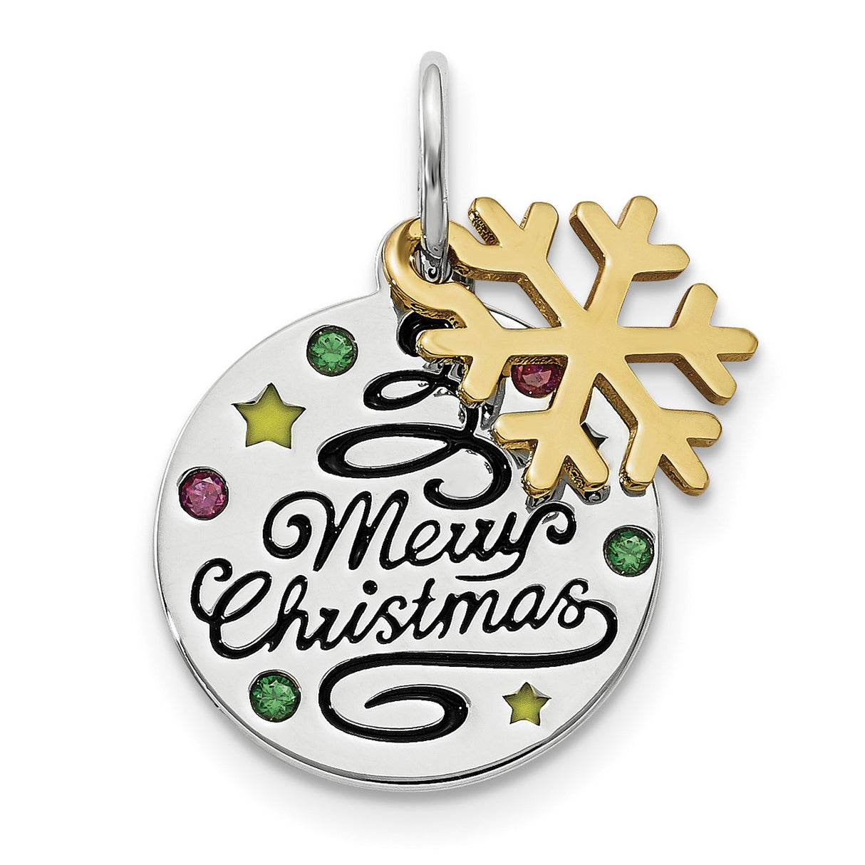 Sterling Silver Christmas Pendant with Cubic Zirconia, Gold Plated Snowflake, Merry Christmas Engraving