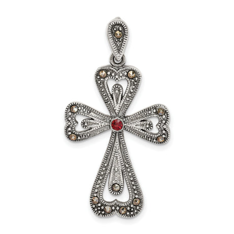 Sterling Silver Cross Pendant with Garnet and Marcasite, Vintage Filigree Design