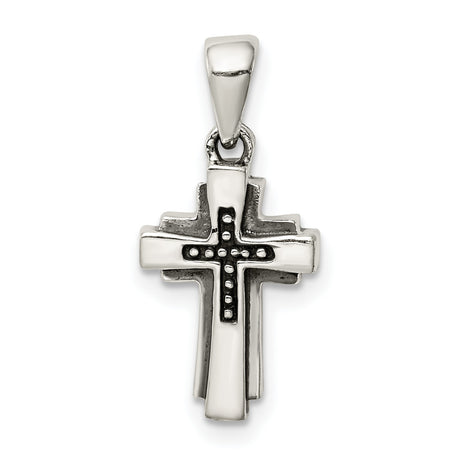 Sterling Silver Cross Pendant with Oxidized Finish, Layered Dual Charm Design, Spiritual Style