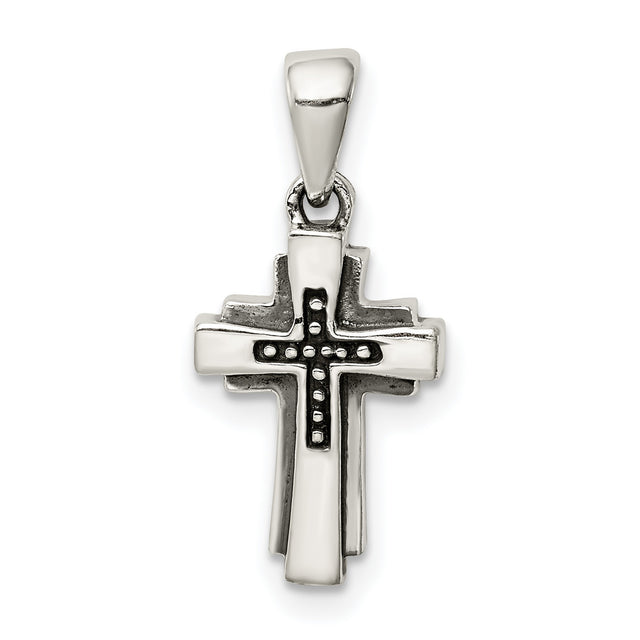 Sterling Silver Cross Pendant with Oxidized Finish, Layered Dual Charm Design, Spiritual Style