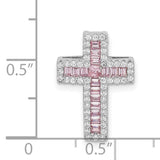 Sterling Silver Cross Pendant with Cubic Zirconia Baguette and Pink Halo, Unisex Religious Jewelry