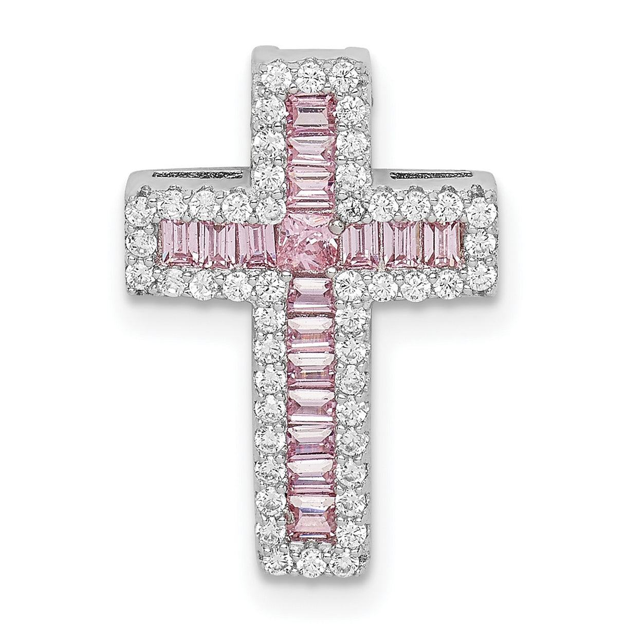 Sterling Silver Cross Pendant with Cubic Zirconia Baguette and Pink Halo, Unisex Religious Jewelry