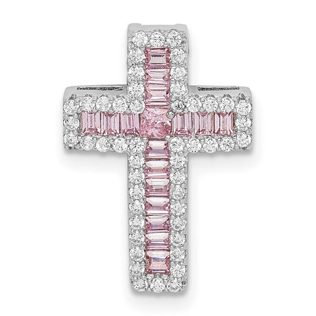 Sterling Silver Cross Pendant with Cubic Zirconia Baguette and Pink Halo, Unisex Religious Jewelry