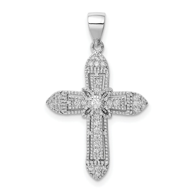Sterling Silver Cross Pendant with Cubic Zirconia, Baguette Detail, Spiritual Design