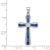 Sterling Silver Cross Pendant with Blue Spinel and Cubic Zirconia Center, Unisex Religious Style