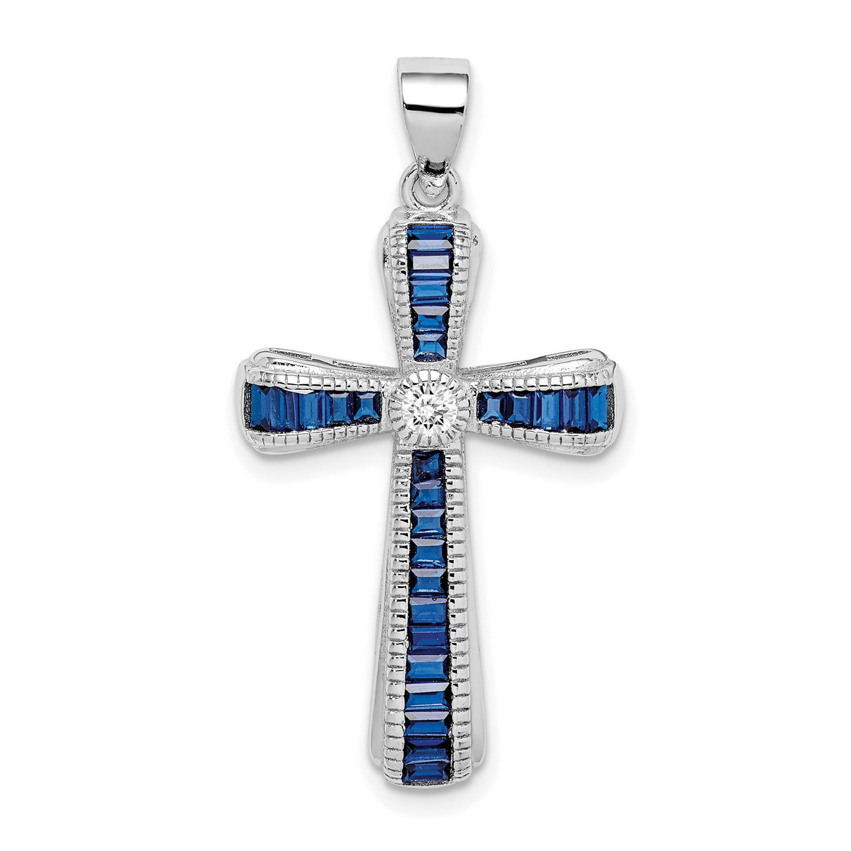 Sterling Silver Cross Pendant with Blue Spinel and Cubic Zirconia Center, Unisex Religious Style