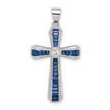 Sterling Silver Cross Pendant with Blue Spinel and Cubic Zirconia Center, Unisex Religious Style