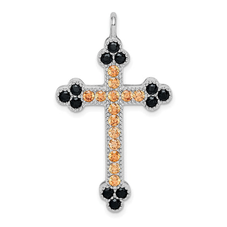 Sterling Silver Cross Pendant with Black Crystals and Textured Detail