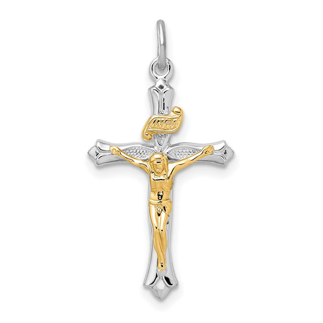 Sterling Silver Crucifix Cross Pendant with INRI Charm and Angel Accent