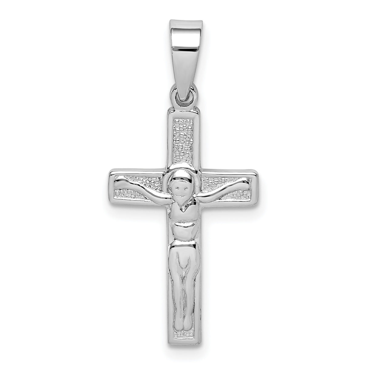 Sterling Silver Crucifix Cross Pendant with Textured Jesus Detail, Polished Finish, Religious Charm