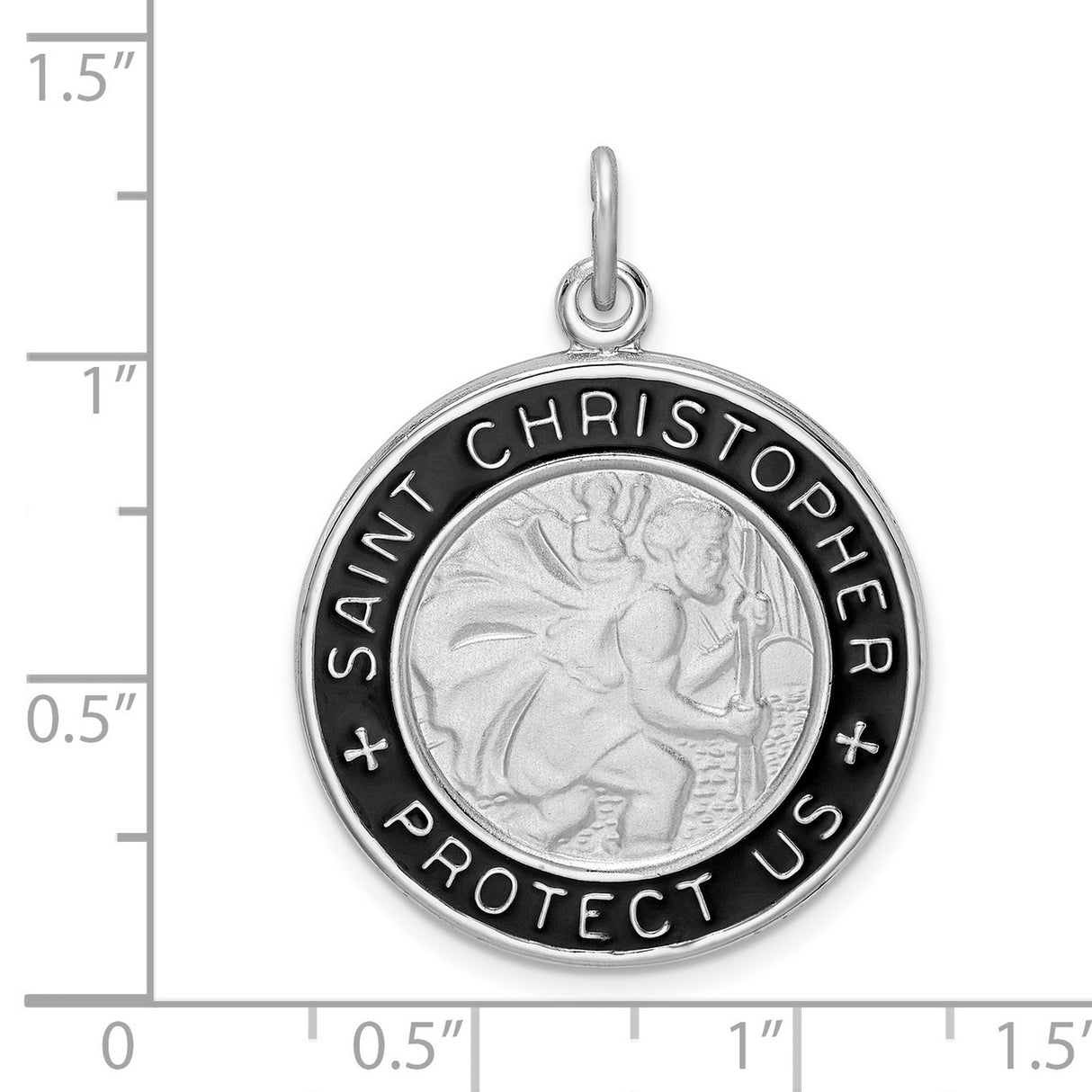 Black Saint Christopher Protect Us Words Round Charm Pendant in Real 925 Sterling Silver