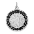 Black Saint Christopher Protect Us Words Round Charm Pendant in Real 925 Sterling Silver