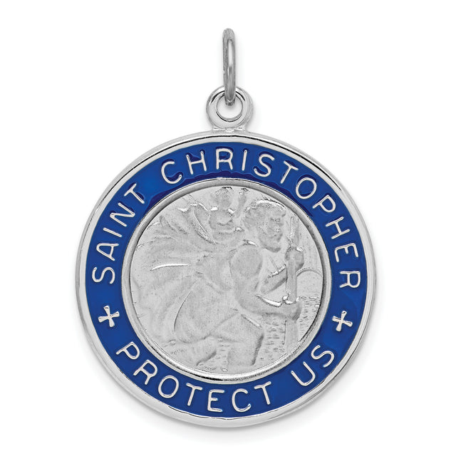 Blue Saint Christopher Protect Us Words Round Charm Pendant in Real 925 Sterling Silver