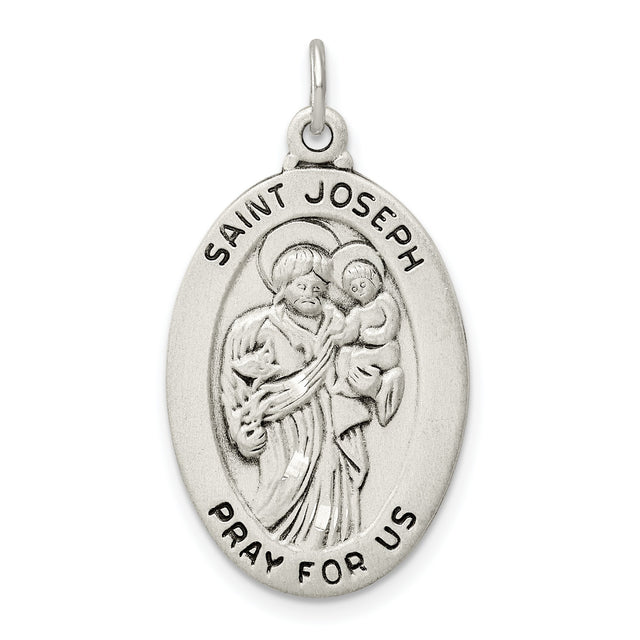 Saint Joseph Pray For Us Words Oval Charm Pendant in Real 925 Sterling Silver