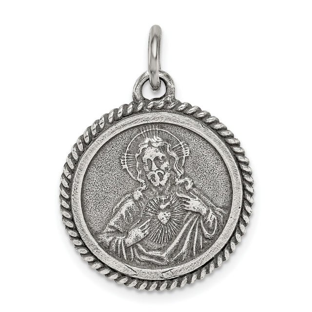 Sterling Silver Sacred Heart of Jesus Pendant, Catholic Medal, Christian Faith Jewelry for Men and Women