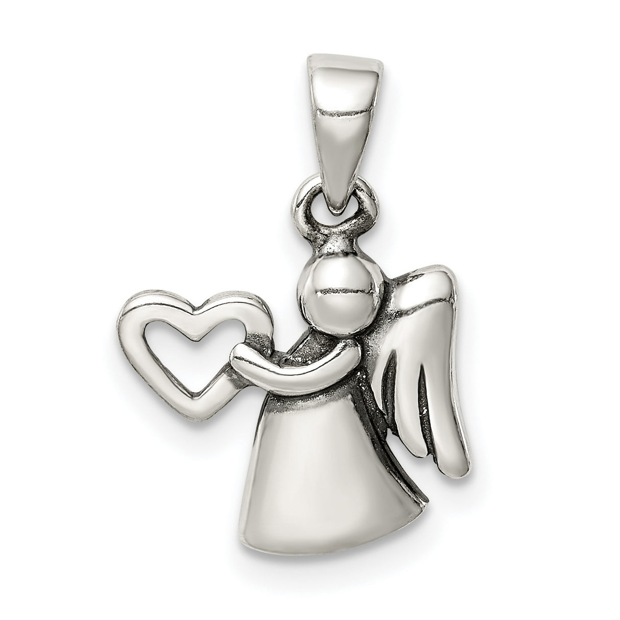 Antiqued Angel with Heart Charm Pendant in Real 925 Sterling Silver