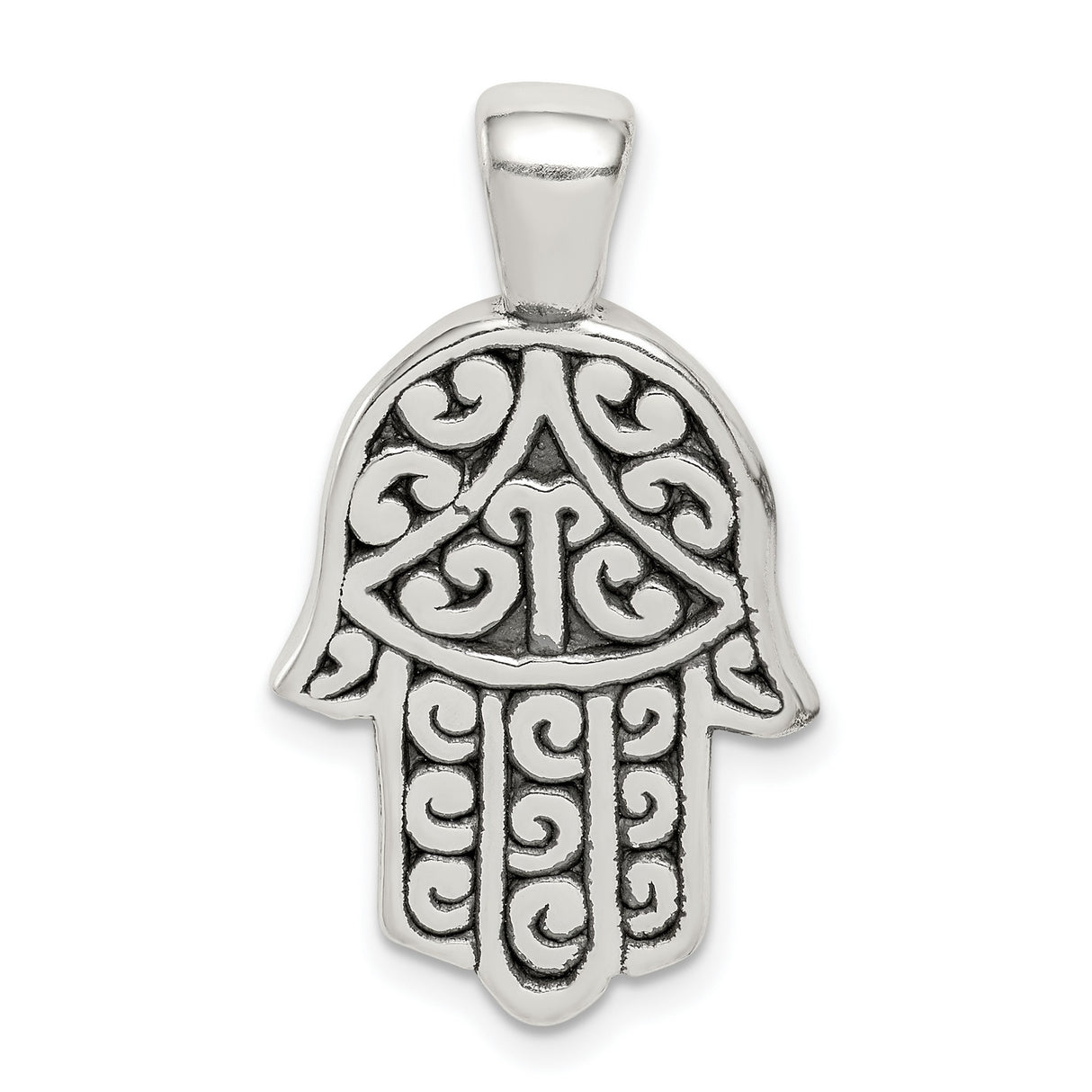 Sterling Silver Hamsa Pendant with Eye Symbol and Scrollwork Detailing, Unisex Talisman