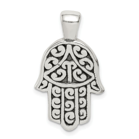 Sterling Silver Hamsa Pendant with Eye Symbol and Scrollwork Detailing, Unisex Talisman