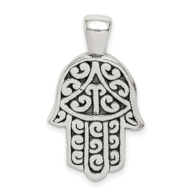 Sterling Silver Hamsa Pendant with Eye Symbol and Scrollwork Detailing, Unisex Talisman