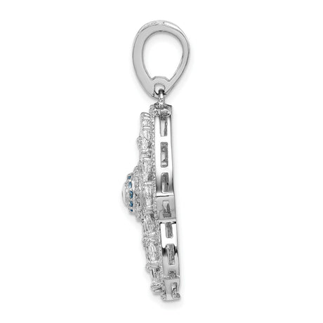 Sterling Silver Hamsa Hand Pendant with Cubic Zirconia and Blue Evil Eye Symbol