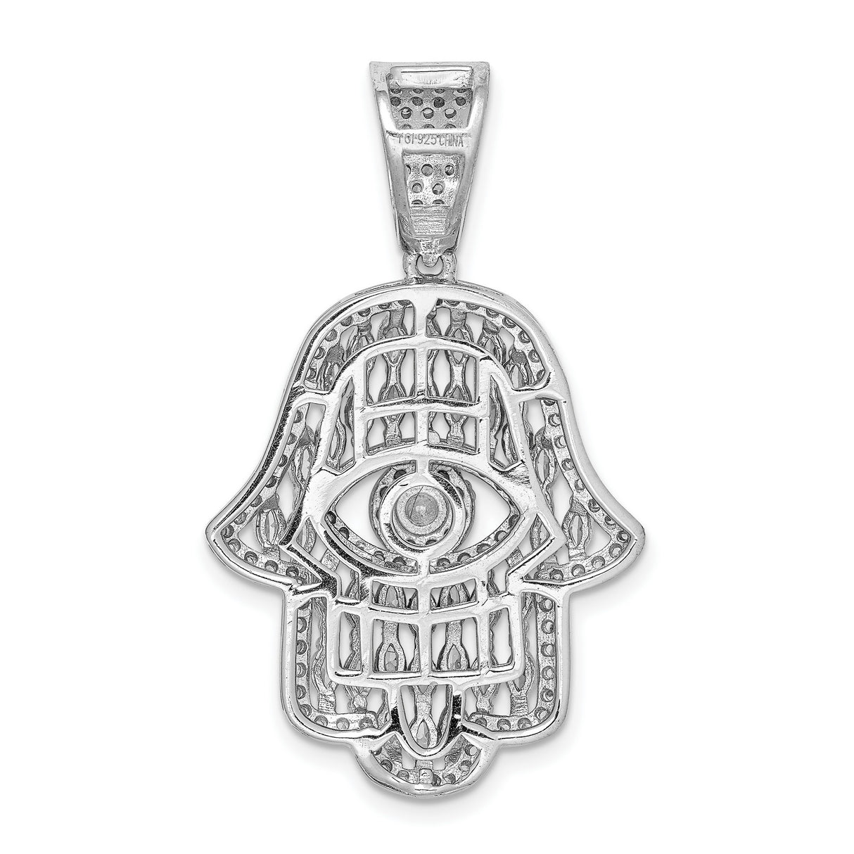 Sterling Silver Hamsa Hand Pendant with Cubic Zirconia and Blue Evil Eye Symbol
