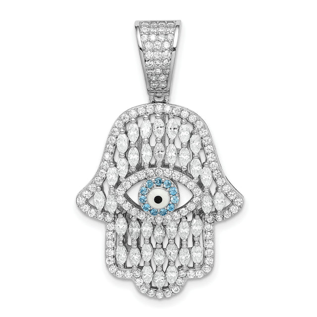 Sterling Silver Hamsa Hand Pendant with Cubic Zirconia and Blue Evil Eye Symbol