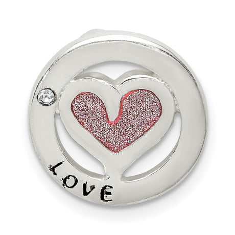 Glitter Infused and CZ Heart Chain Slide Charm Pendant in Real 925 Sterling Silver