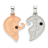 Sterling Silver Heart Pendant with Cubic Zirconia, Love You Engraving, Rose and Silver Half-Heart Charms