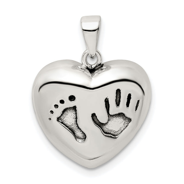 Sterling Silver Heart Pendant with Baby Handprint and Footprint, Motherhood Keepsake Jewelry
