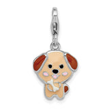 Sterling Silver Puppy Charm with Enamel, Cartoon Style Dog Holding Bone, Pet Lover Jewelry Piece