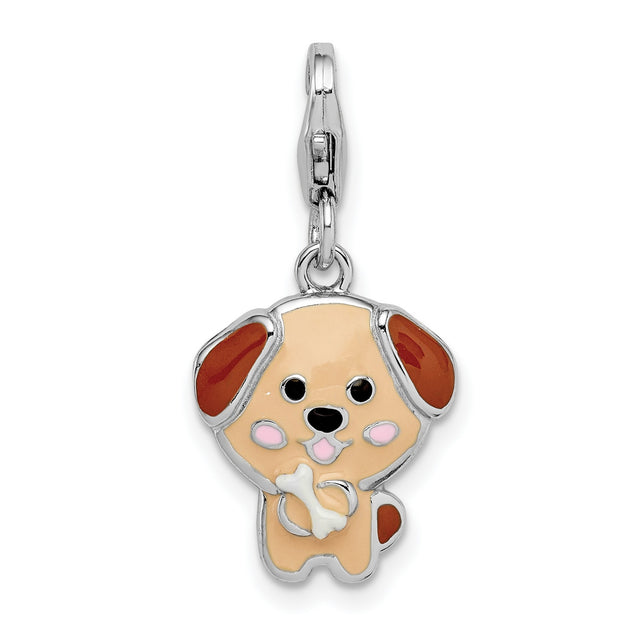 Sterling Silver Puppy Charm with Enamel, Cartoon Style Dog Holding Bone, Pet Lover Jewelry Piece