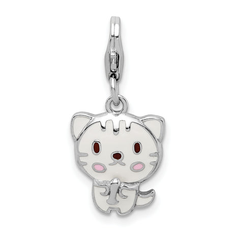 Enameled Kitten with Lobster Clasp Charm Pendant in Real 925 Sterling Silver