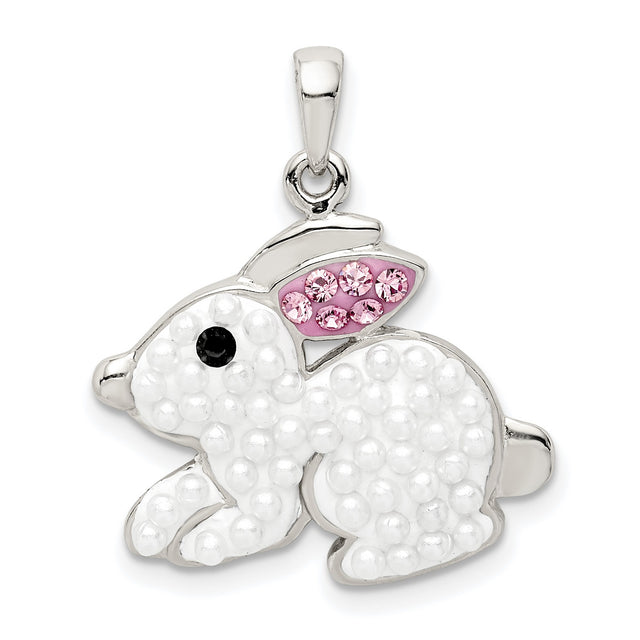 Sterling Silver Bunny Pendant with Simulated Pearl and Pink Crystal Ears