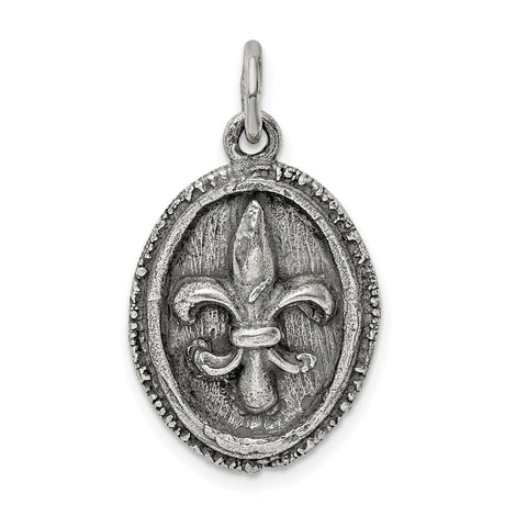 Sterling Silver Fleur-de-Lis Pendant with Textured Border, Gothic French Heritage Style