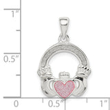 Sterling Silver Claddagh Pendant with Pink Glitter Heart, Irish Love and Loyalty Symbol for Women