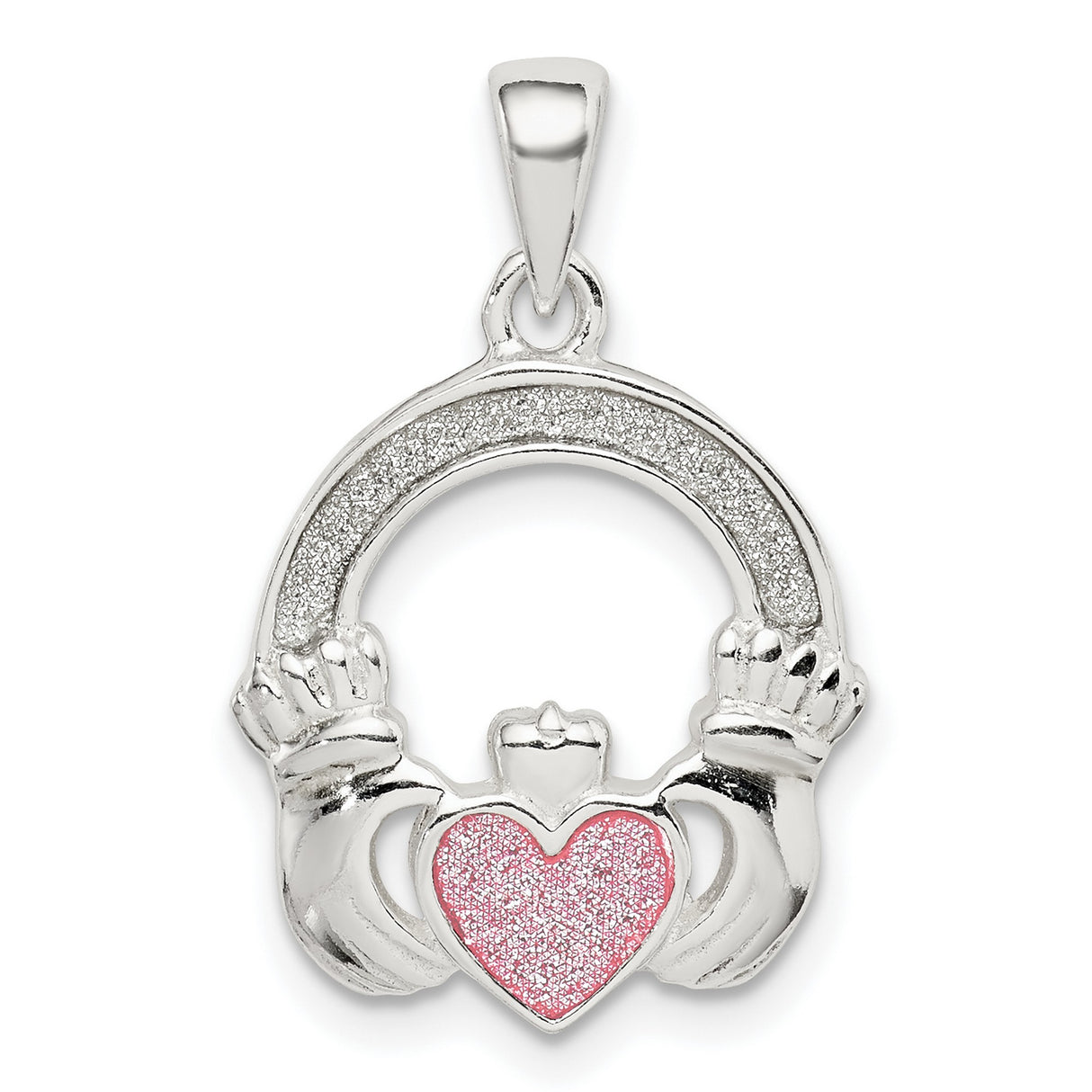 Sterling Silver Claddagh Pendant with Pink Glitter Heart, Irish Love and Loyalty Symbol for Women