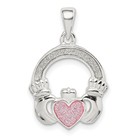 Sterling Silver Claddagh Pendant with Pink Glitter Heart, Irish Love and Loyalty Symbol for Women