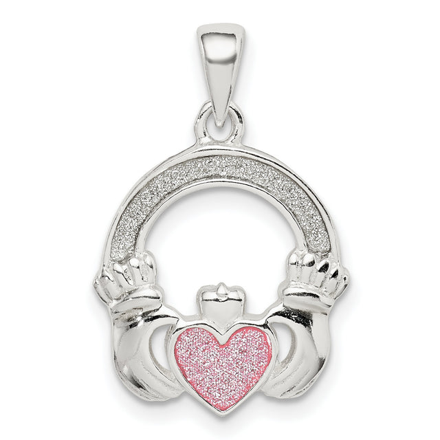Sterling Silver Claddagh Pendant with Pink Glitter Heart, Irish Love and Loyalty Symbol for Women