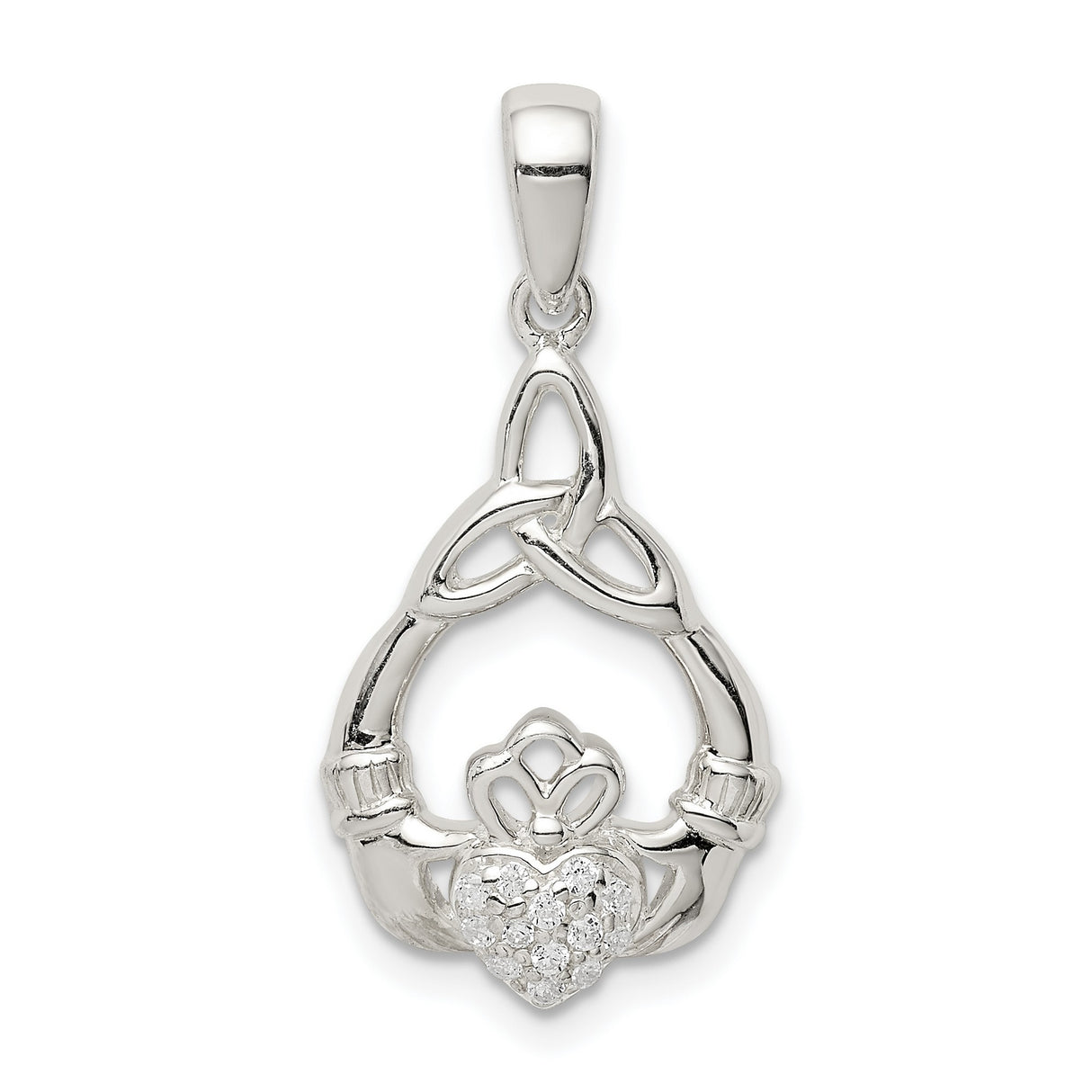 Sterling Silver Claddagh Pendant with Celtic Trinity Knot and Cubic Zirconia