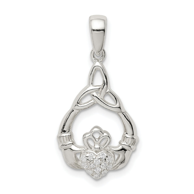 Sterling Silver Claddagh Pendant with Celtic Trinity Knot and Cubic Zirconia